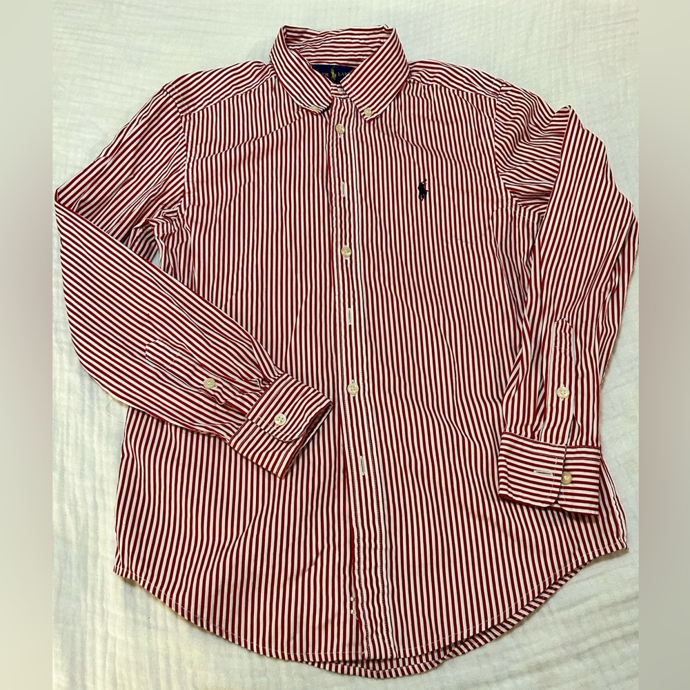 POLO RALPH LAUREN  Red & White Striped Cotton Dress Shirt sz Medium (10-12)